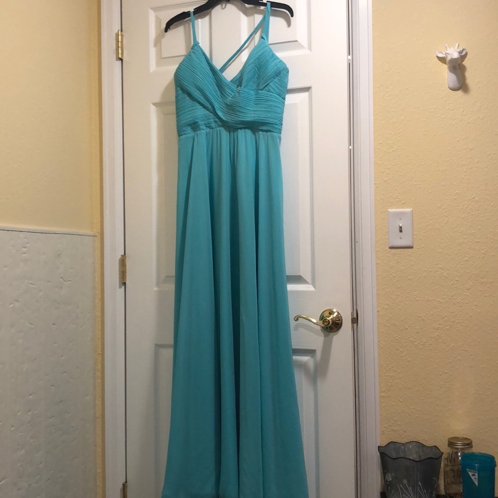 Turquoise custom made open-back prom dress
